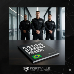 Imagem ilustrativa para o Blog Fortville sobre o novo Estatuto da Segurança Privada (Lei nº 14.967/2024). Em destaque, o livreto "ESTATUTO DA SEGURANÇA PRIVADA" com a bandeira do Brasil e o logo do Grupo Fortville. No fundo, vigilantes uniformizados em um ambiente corporativo industrial moderno, em Guarulhos, representando a conformidade legal e o profissionalismo na terceirização.