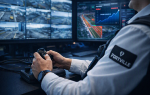 Uma moderna sala de controle de segurança em uma fábrica em São Paulo, o profissional de segurança opera sistemas preditivo de segurança industrial.