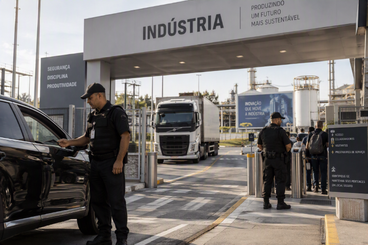 Segurança para Indústria - Profissionais atuando na entrada de pessoas e veículos em frente a um parque fabril.